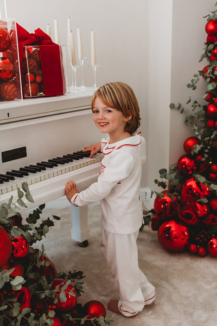 Boys Hand Smocked Cotton Personalised Pyjamas - White & Red - 2