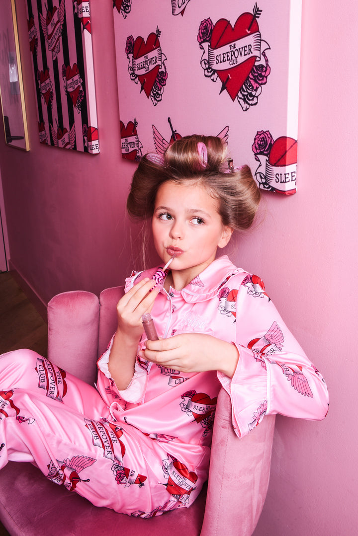 Mini Lovestruck Pink Luxury Satin Frill Pants Set