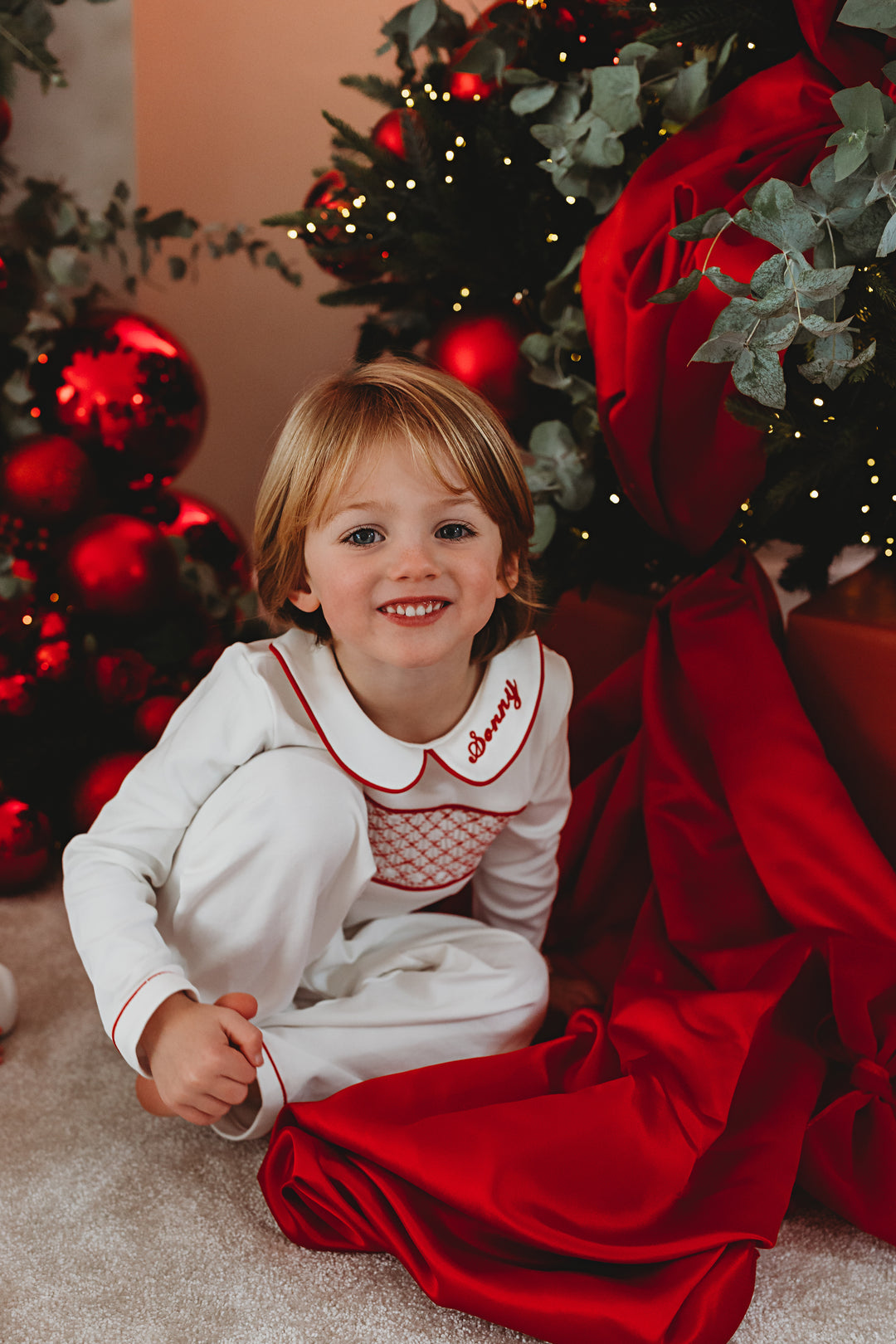 Boys Hand Smocked Cotton Personalised Pyjamas - White & Red