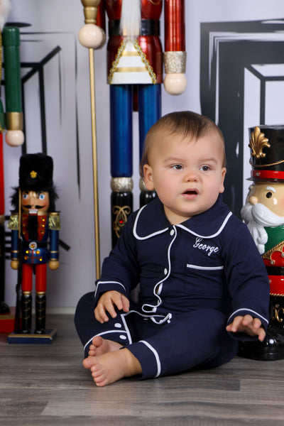 Baby Boy Personalised Navy Luxury Jersey Romper 1