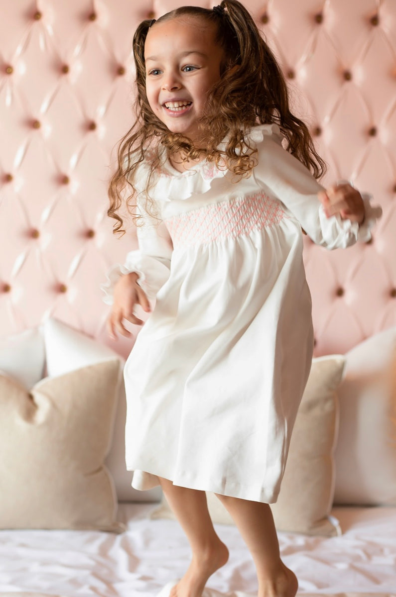 Girls Hand Smocked Cotton Personalised Nightdress White & Pink The