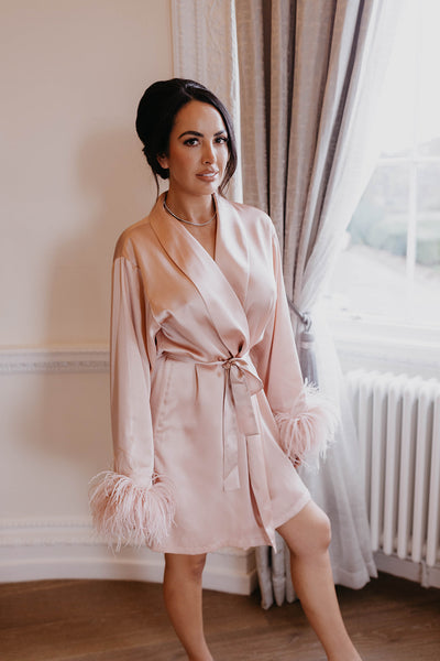 Product Short Blush Pink Luxe Satin Feather Robe