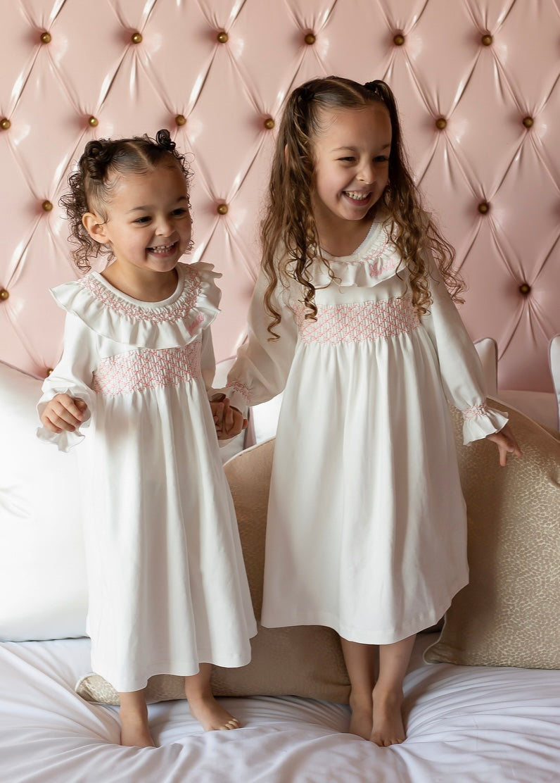 Girls Hand Smocked Cotton Personalised Nightdress White Pink