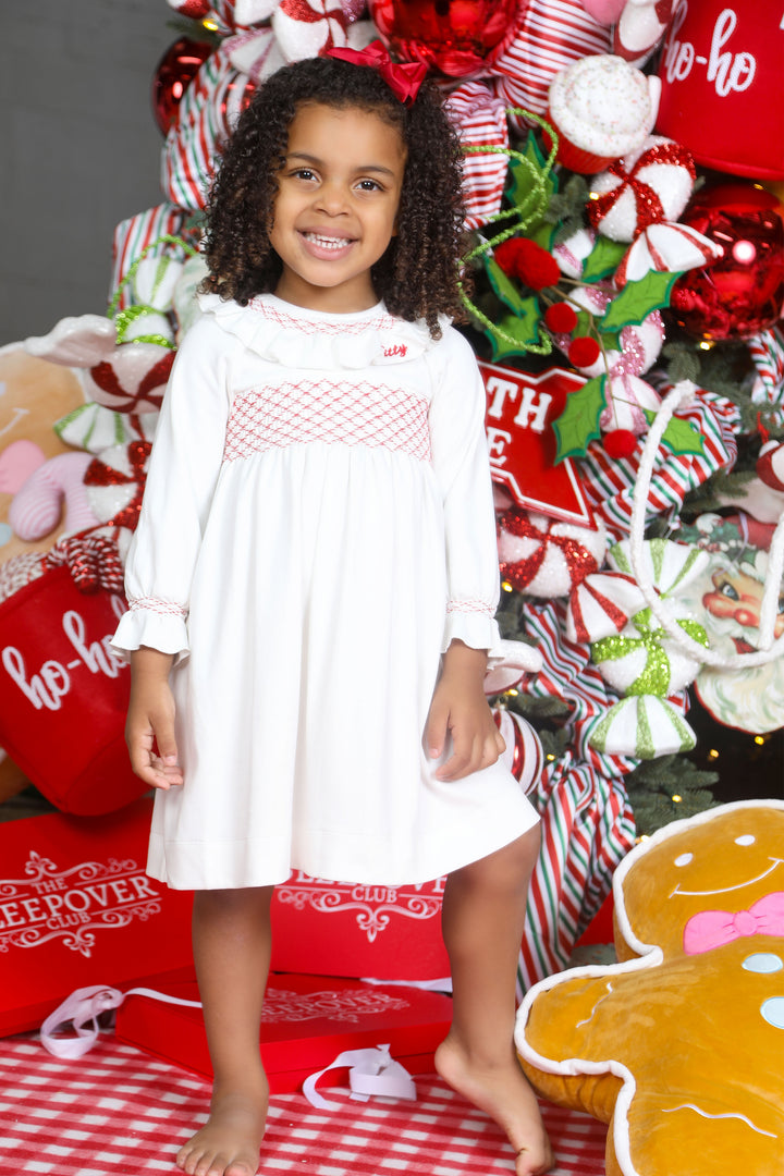 Girls Hand Smocked Cotton Personalised Nightdress - White & Red