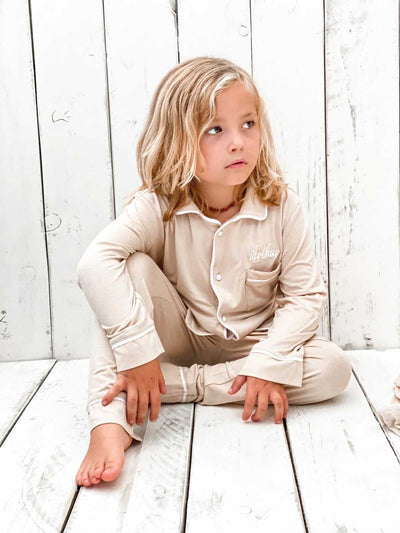 Boys Mini Personalised Sand Luxury Jersey Pants Set