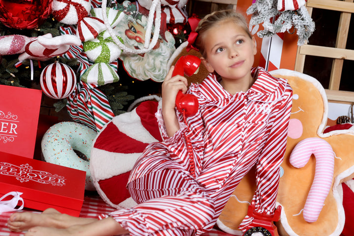 Girls Red Peppermint Stripe Luxury Satin Trouser Set