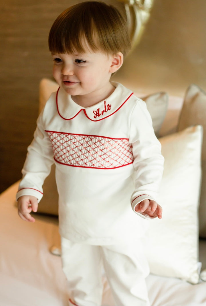 Boys Hand Smocked Cotton Personalised Pyjamas - White & Red - 3