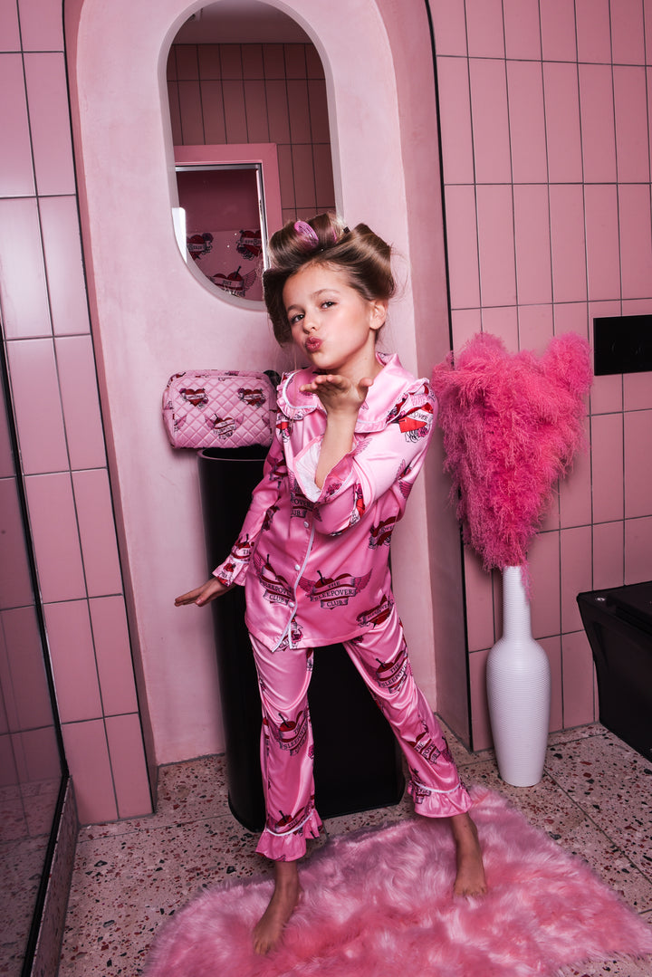 Mini Lovestruck Pink Luxury Satin Frill Pants Set