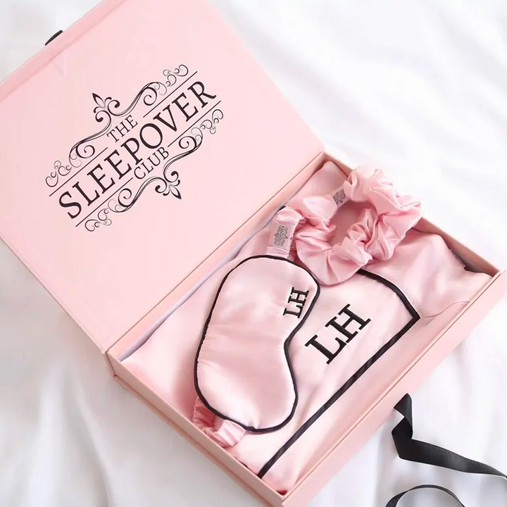 Silk Pillowcase, Eye Mask & Scrunchie Set - Pink with Black